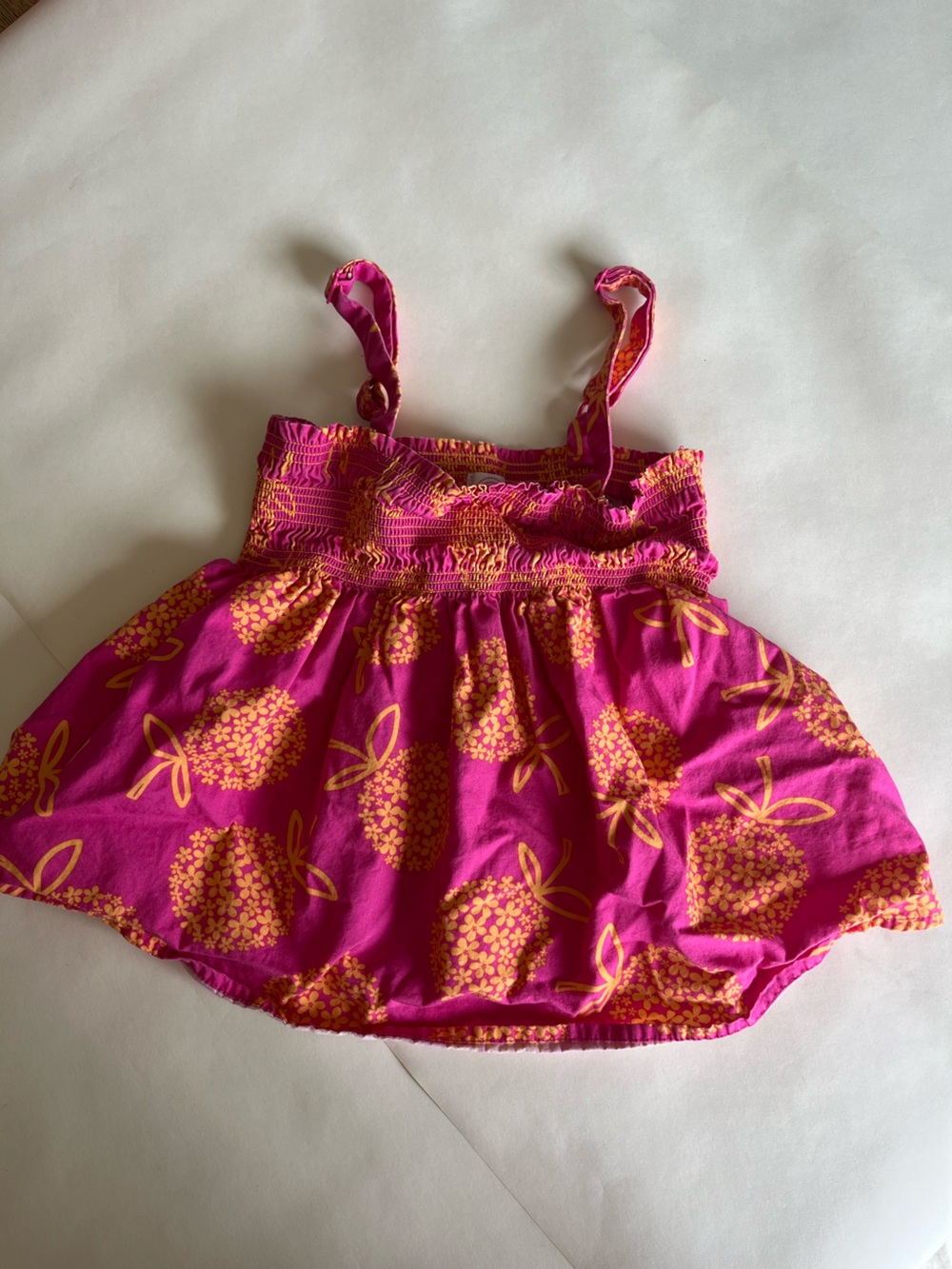 Girls Pink & Orange Pineapple Print Smocked Top